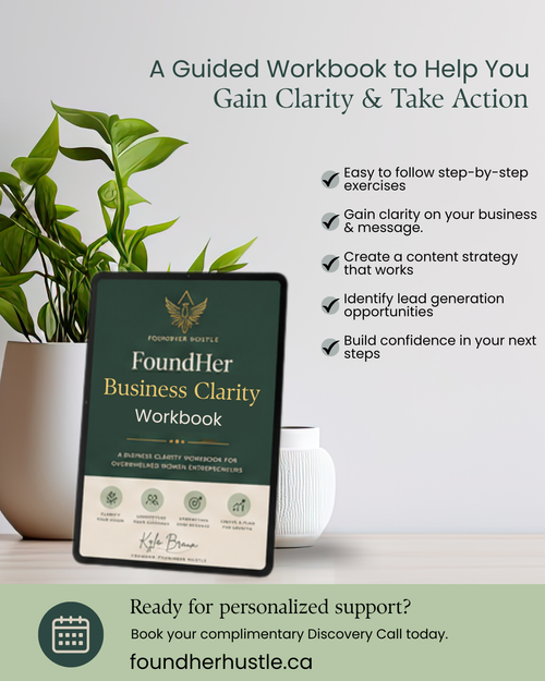 FoundHer Business Clarity Workbook on a table with a plant in the background