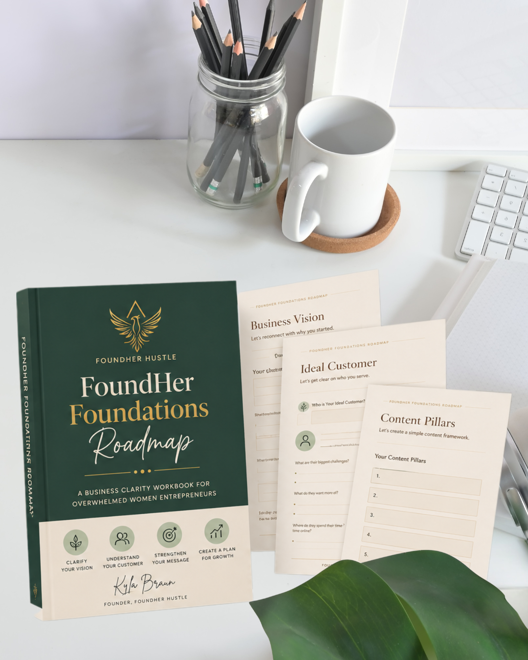 Book titled 'FoundHer Foundations Roadmap' on a desk with stationery items.