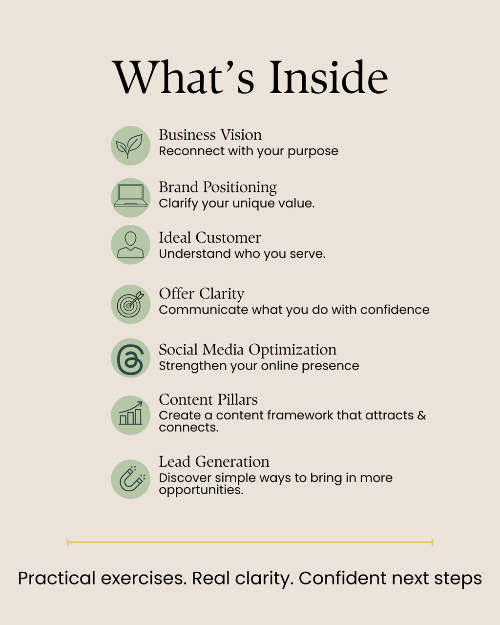 List of business strategies with icons and descriptions on a beige background
