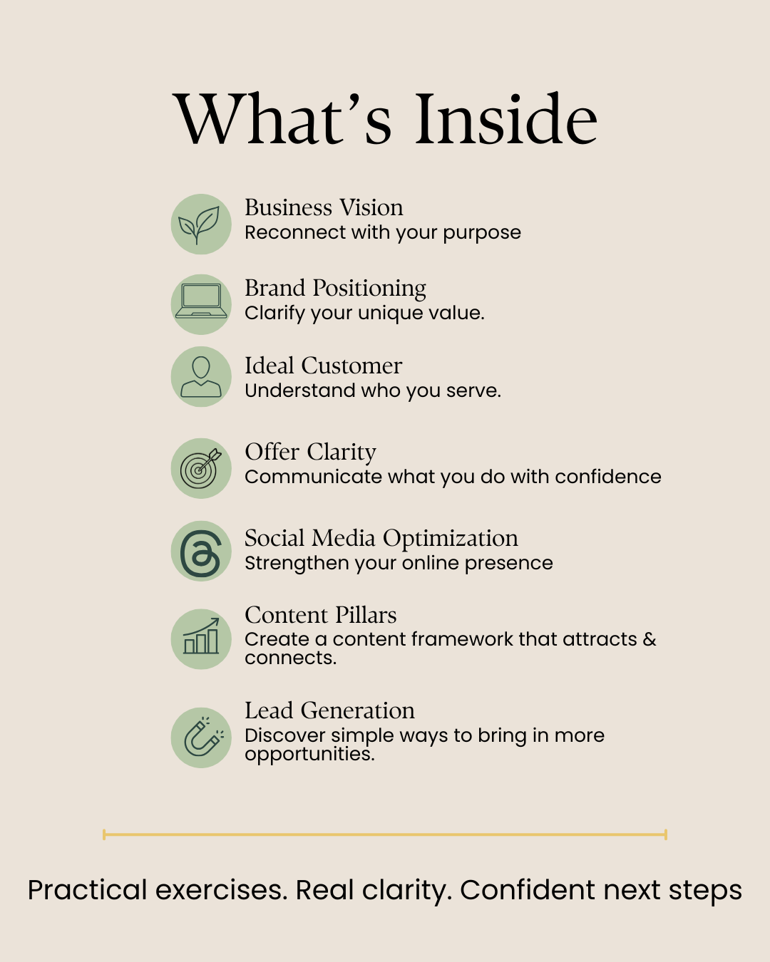 List of business strategies with icons and descriptions on a beige background
